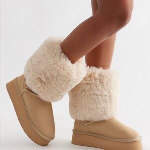 New Fashion Nova Faux Fur Platform Booties - Sand Size 10